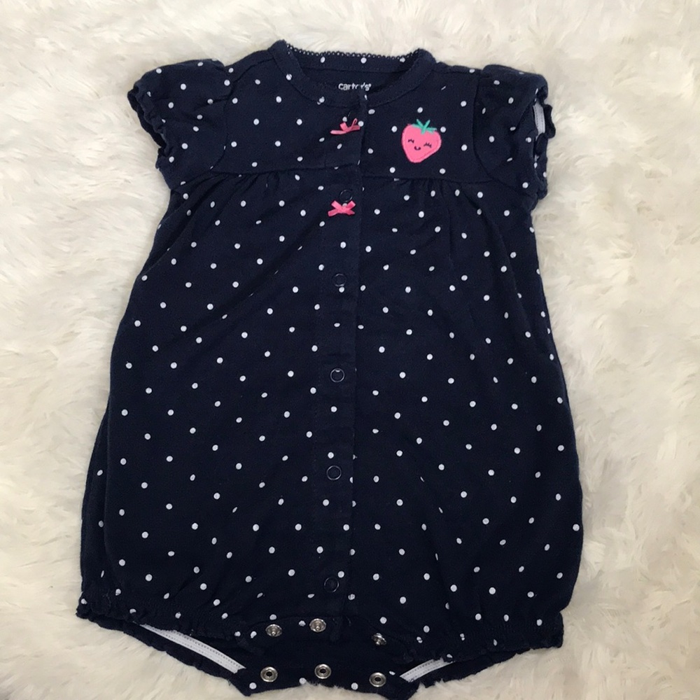 9 month Navy Blue Polka Dot Strawberry butt romper